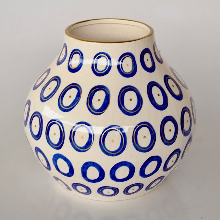 Extra Large Blue Circle Ceramic Vase With Gold Trim